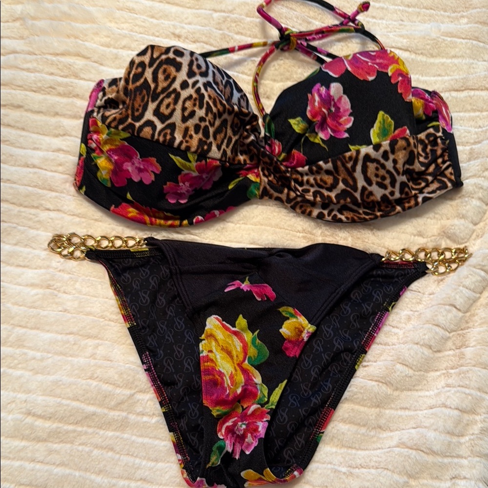 Floral and Leopard Print Bikini with Gold Chain